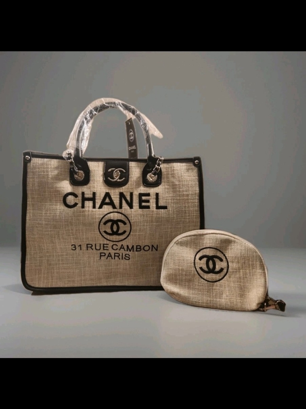 Chanel 31 Rue Cambon Paris Beige Tote with Cosmetic Pouch